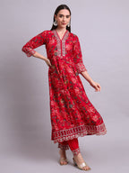 Joban Fashion Mahroon Cotton Floral Printed & Embroidery Work Anarkali Kurta With Trousers & Dupatta Set | Grocsy