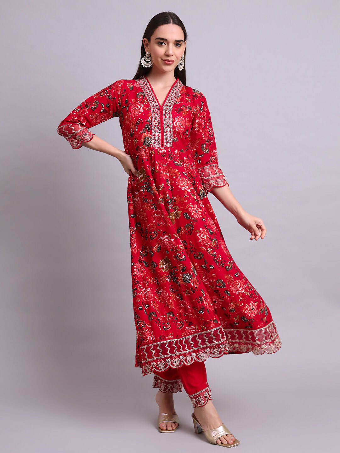 Joban Fashion Mahroon Cotton Floral Printed & Embroidery Work Anarkali Kurta With Trousers & Dupatta Set | Grocsy