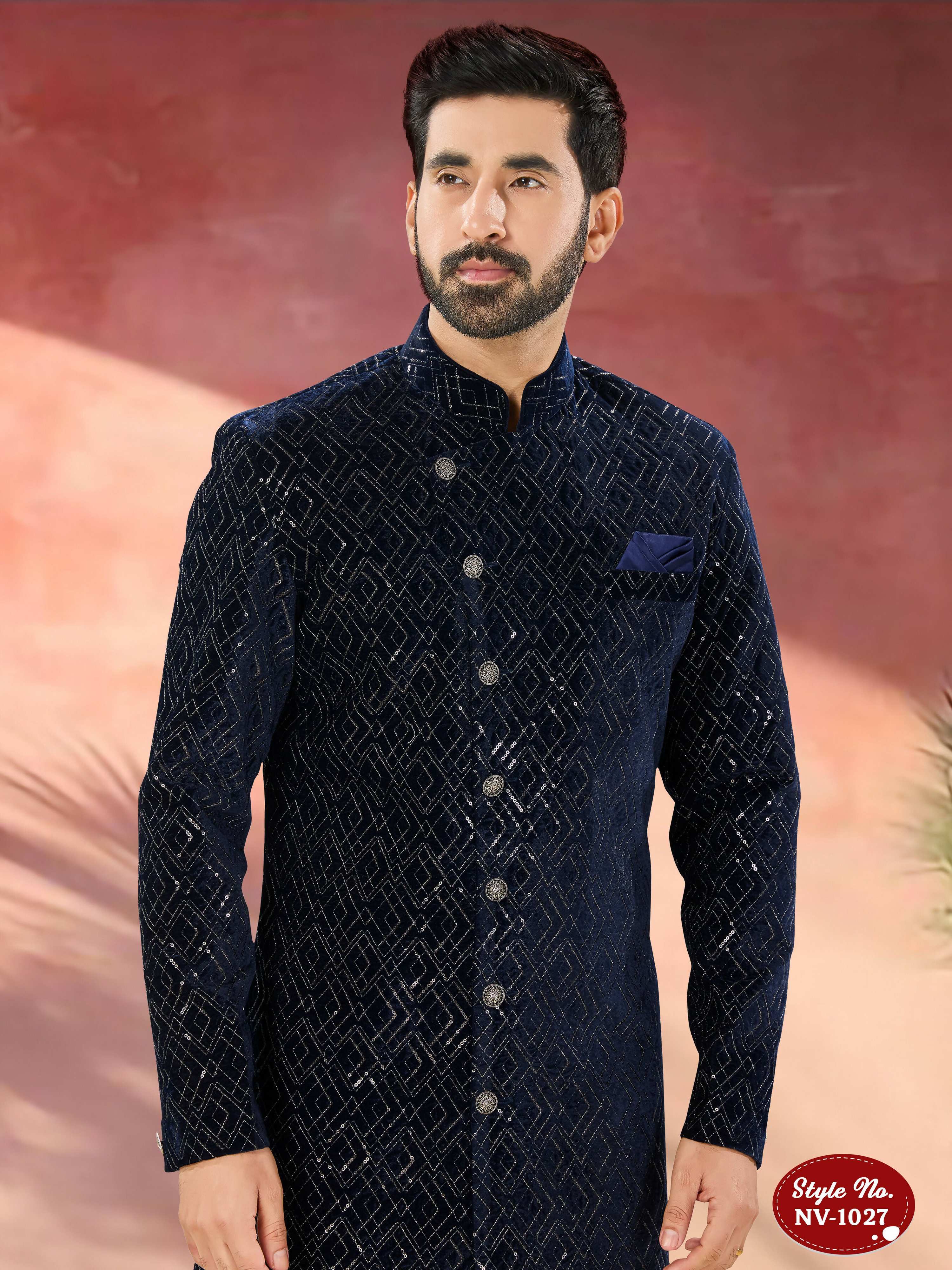 Joban Fashion Men's Blue Base Straight Velvet Thread And Sequence Embroidary All Over Indo-Western Kurta Set | Grocsy