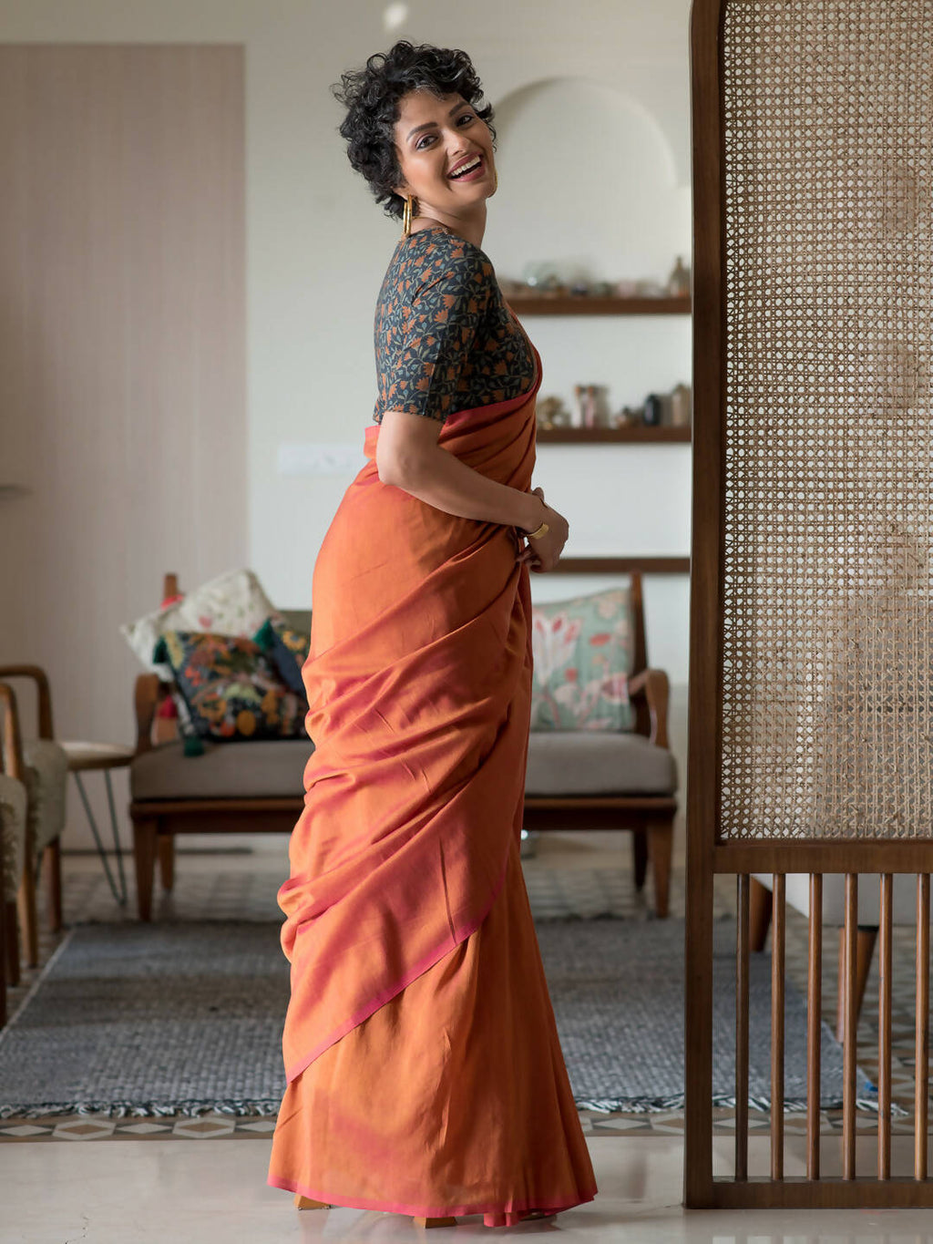 Suta Orange Solid Cotton Blend Saree | Grocsy