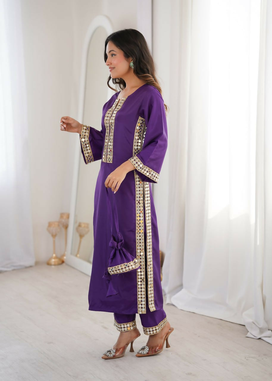 Teeya Creation Womens New Trending Purple Color Natural Crepe With Real Mirror Lace Work Kurta Set | Grocsy