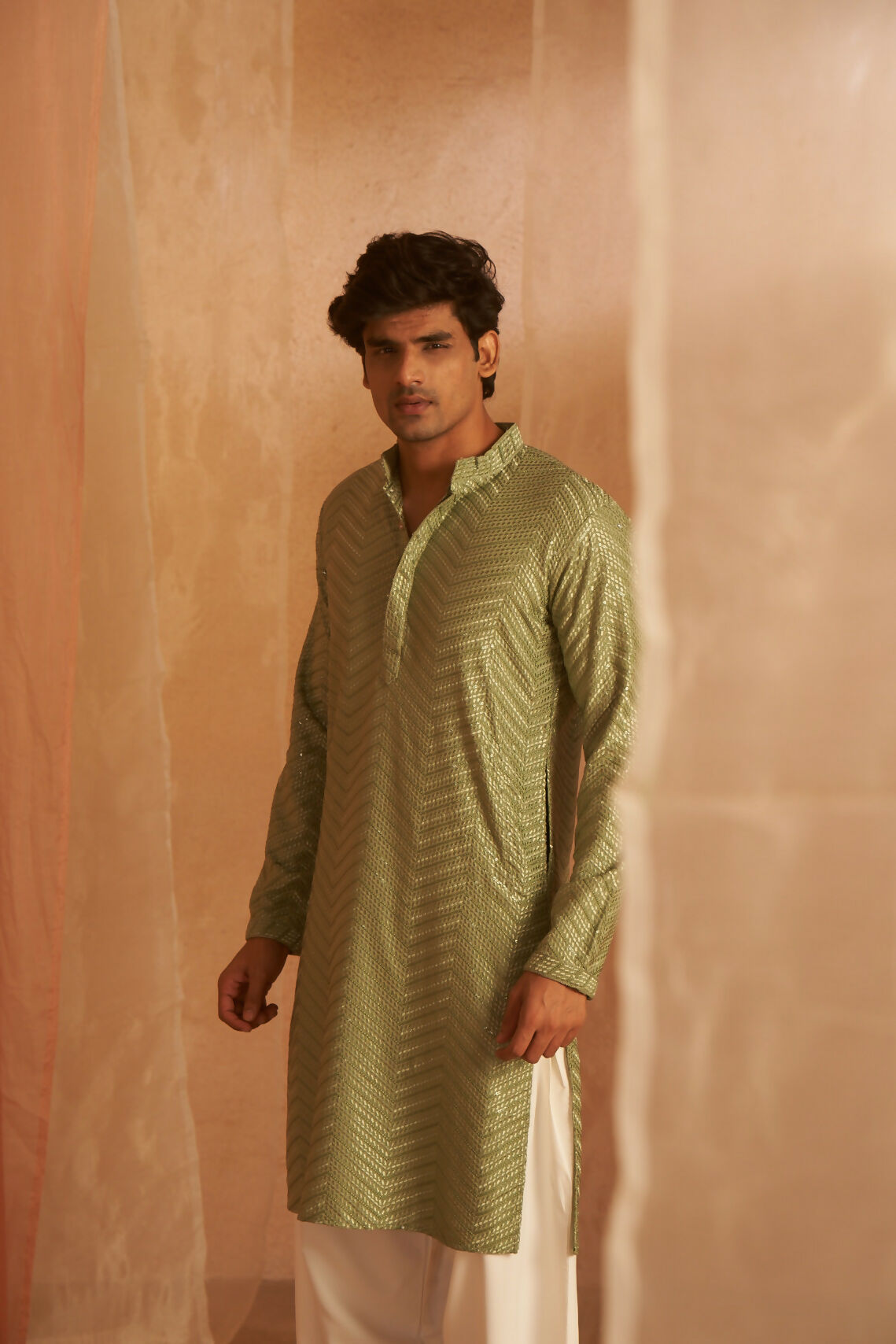 Pastel Green Viscose Embroidery Work Men's Kurta Set - Mahotsav | Grocsy