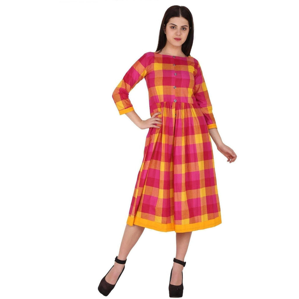 Kanoor Women's Pink and Yellow Rayon Frock Style Kurti | Grocsy