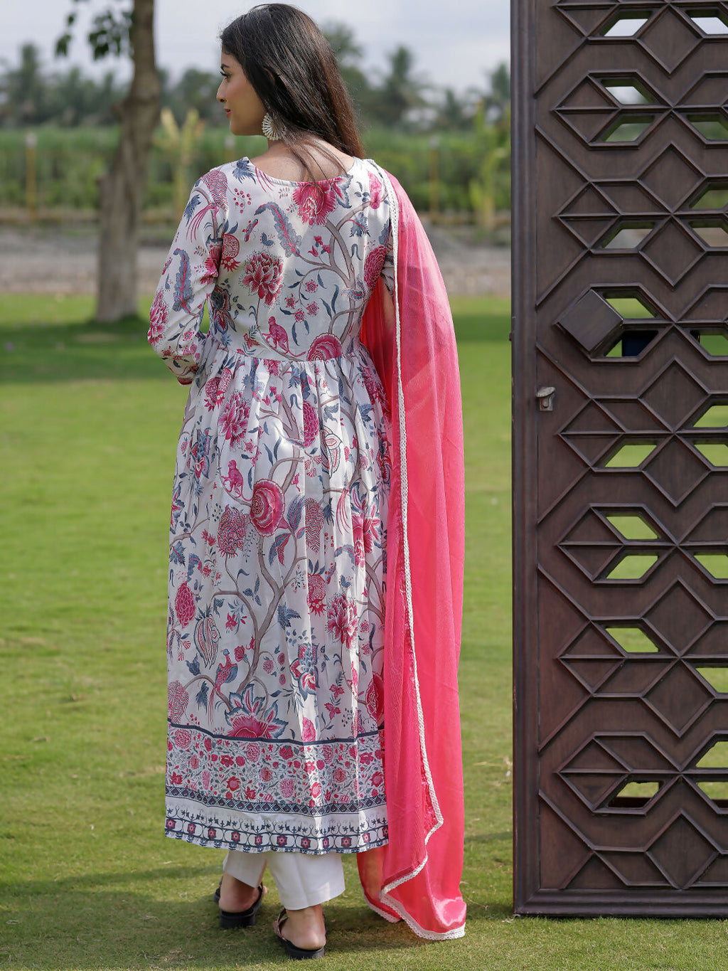 The52 Women's Beautiful Rayon Fabric Printed Work Flared Kurta Pant and Dupatta Set | Grocsy