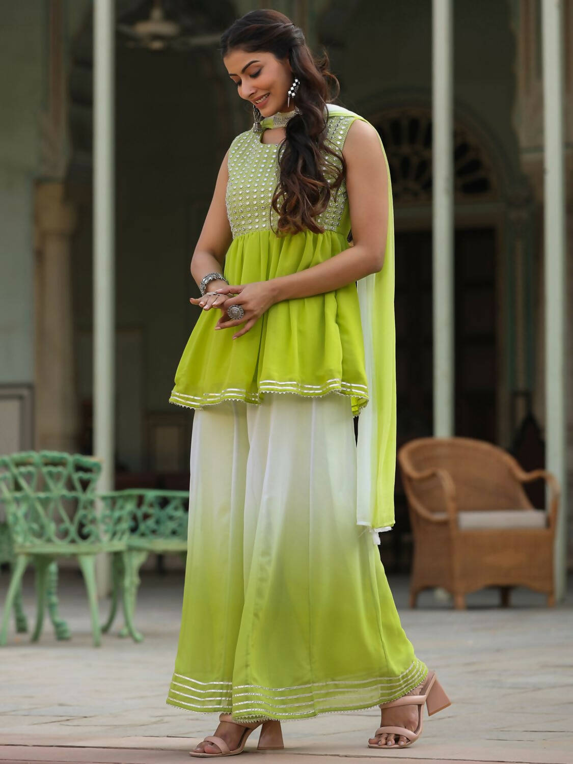 Juniper Women Green Georgette Embroidered Kurta, Palazzo and Dupatta Set | Grocsy