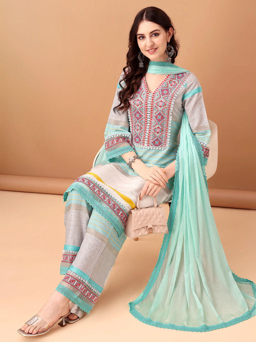 Embroidered & Printed Kurta With Pant & Dupatta Premium, Blue - Hiral Fashion | Grocsy