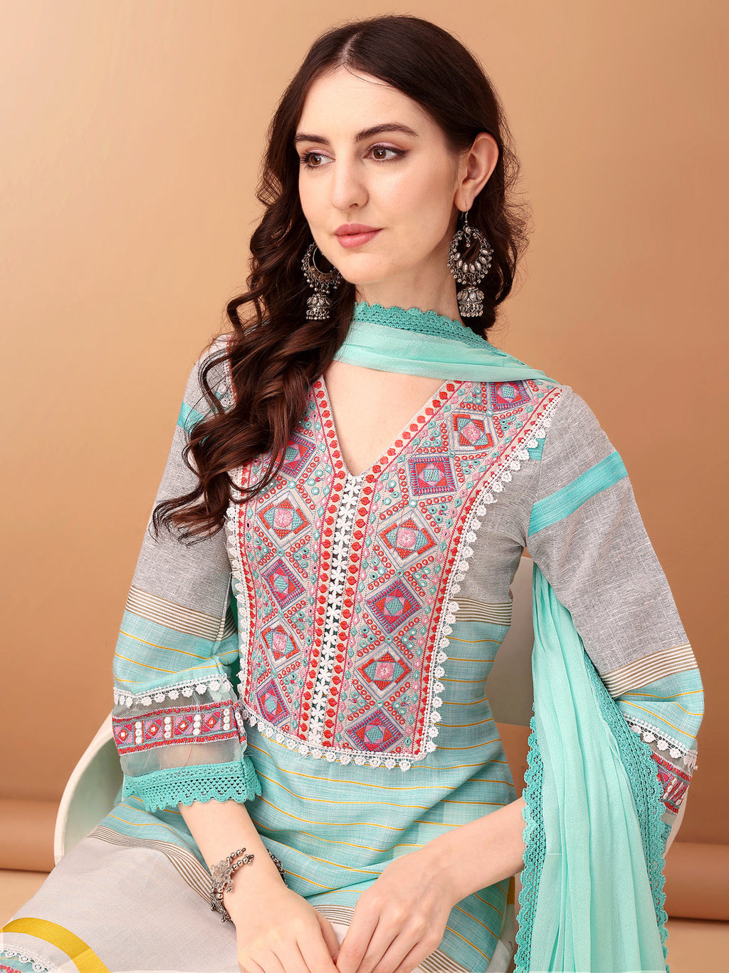 Embroidered & Printed Kurta With Pant & Dupatta Premium, Blue - Hiral Fashion | Grocsy