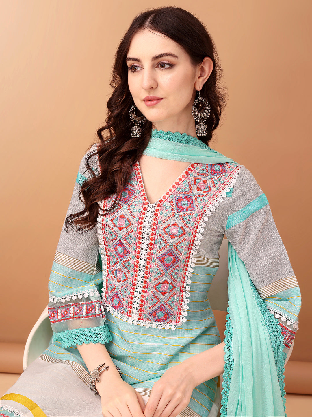 Embroidered & Printed Kurta With Pant & Dupatta Premium, Blue - Hiral Fashion | Grocsy