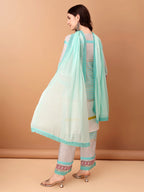 Embroidered & Printed Kurta With Pant & Dupatta Premium, Blue - Hiral Fashion | Grocsy