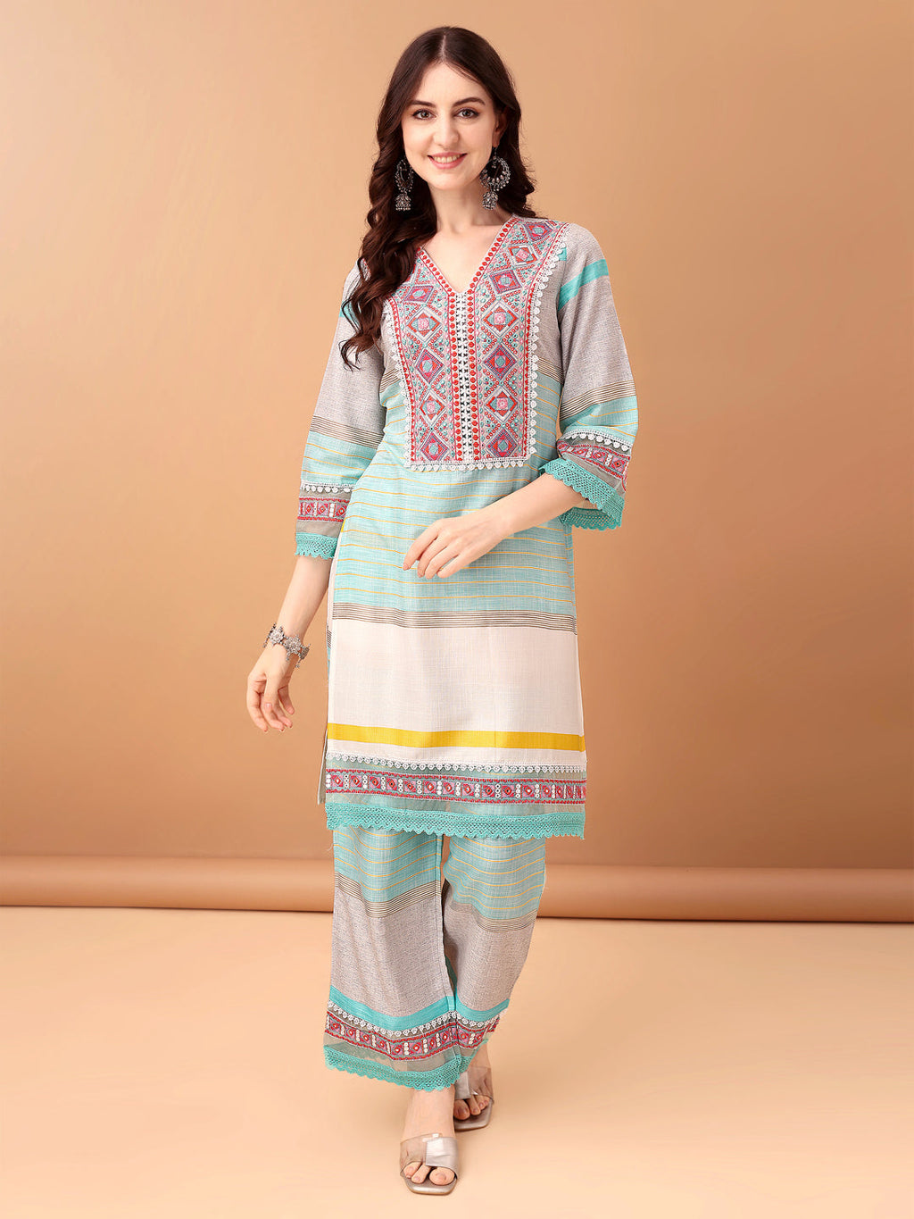 Embroidered & Printed Kurta With Pant & Dupatta Premium, Blue - Hiral Fashion | Grocsy