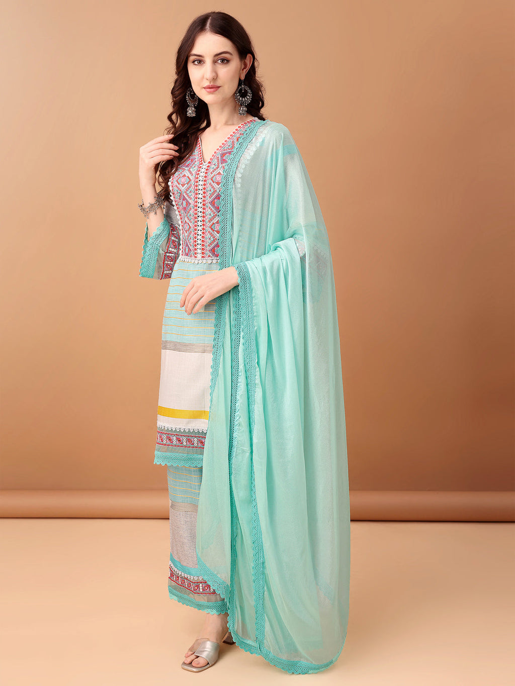 Embroidered & Printed Kurta With Pant & Dupatta Premium, Blue - Hiral Fashion | Grocsy
