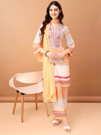 Embroidered & Printed Kurta With Pant & Dupatta Premium, Orange - Hiral Fashion | Grocsy