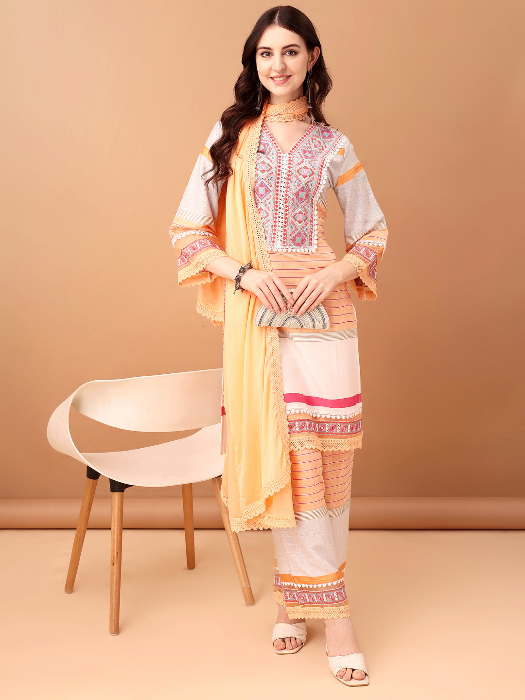 Embroidered & Printed Kurta With Pant & Dupatta Premium, Orange - Hiral Fashion | Grocsy