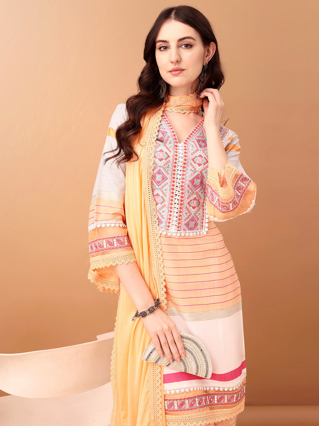 Embroidered & Printed Kurta With Pant & Dupatta Premium, Orange - Hiral Fashion | Grocsy