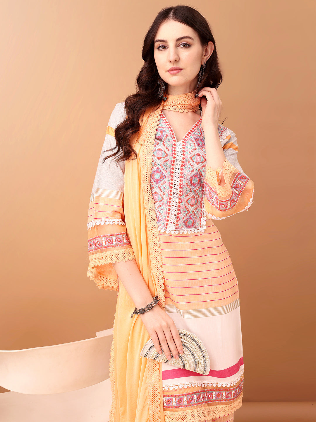 Embroidered & Printed Kurta With Pant & Dupatta Premium, Orange - Hiral Fashion | Grocsy
