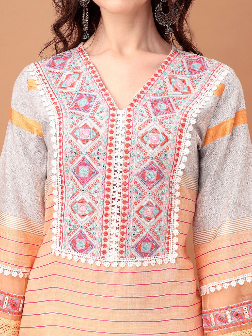 Embroidered & Printed Kurta With Pant & Dupatta Premium, Orange - Hiral Fashion | Grocsy