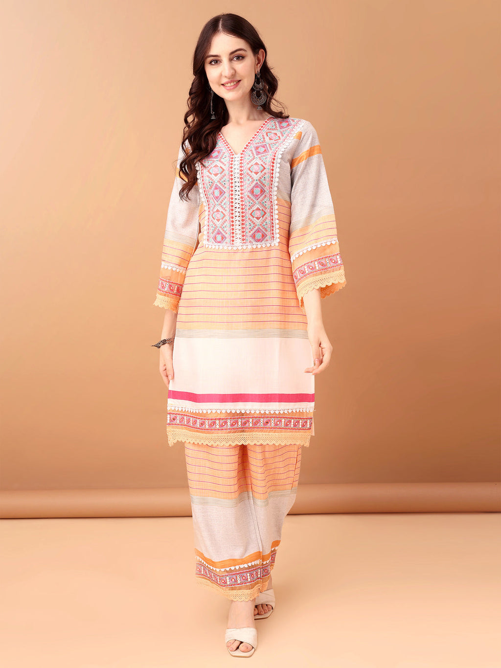 Embroidered & Printed Kurta With Pant & Dupatta Premium, Orange - Hiral Fashion | Grocsy