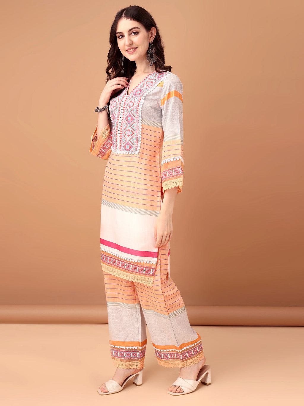 Embroidered & Printed Kurta With Pant & Dupatta Premium, Orange - Hiral Fashion | Grocsy