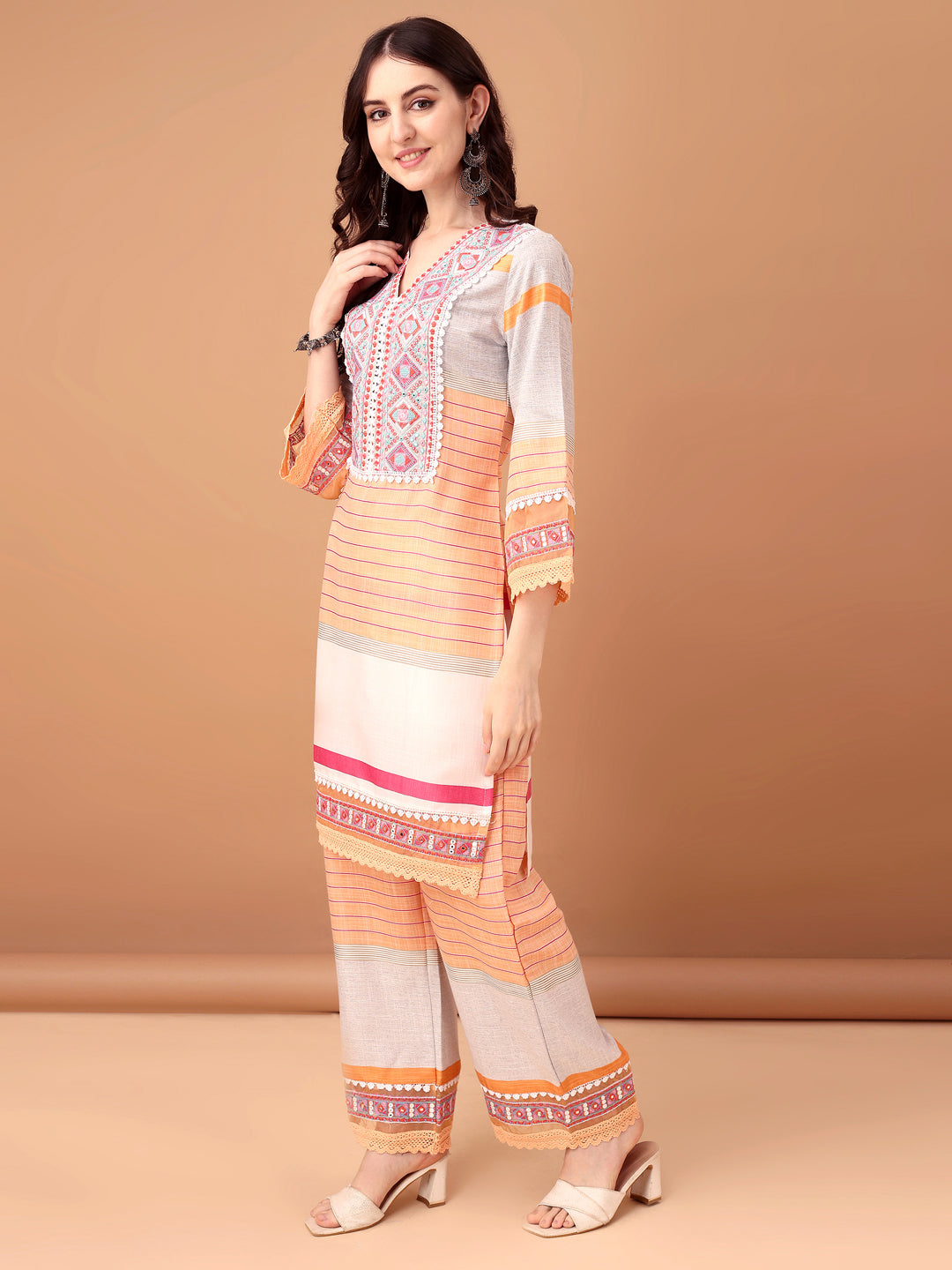 Embroidered & Printed Kurta With Pant & Dupatta Premium, Orange - Hiral Fashion | Grocsy