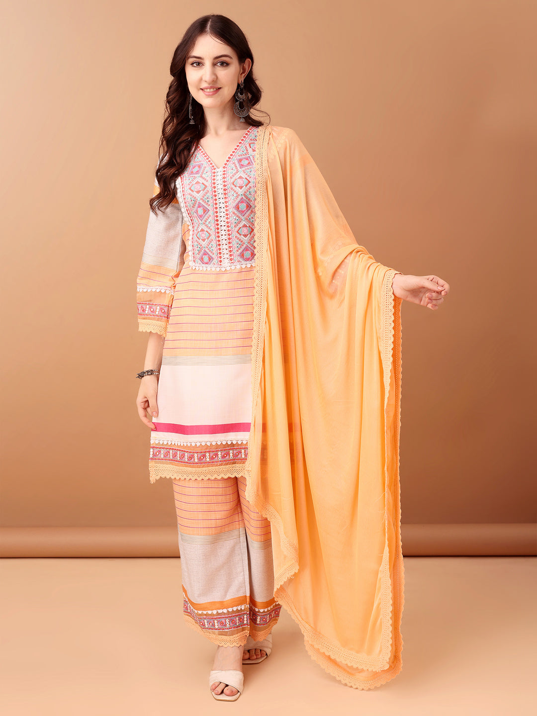 Embroidered & Printed Kurta With Pant & Dupatta Premium, Orange - Hiral Fashion | Grocsy
