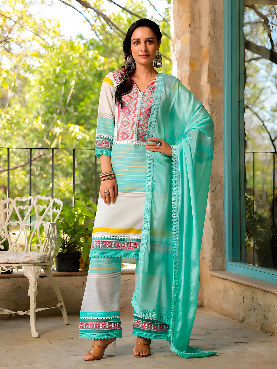 Embroidered & Printed Kurta With Pant & Dupatta Premium, Multicolor - Hiral Fashion | Grocsy