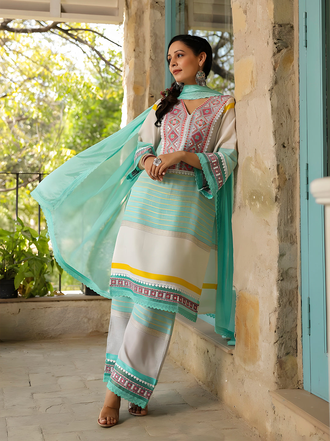 Embroidered & Printed Kurta With Pant & Dupatta Premium, Multicolor - Hiral Fashion | Grocsy