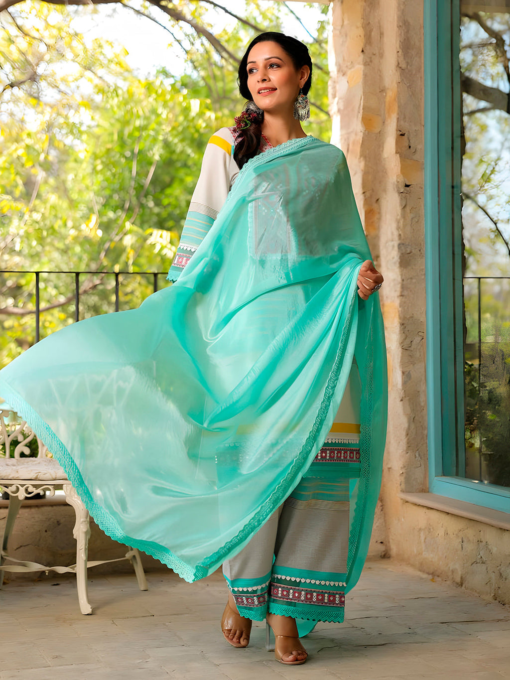 Embroidered & Printed Kurta With Pant & Dupatta Premium, Multicolor - Hiral Fashion | Grocsy