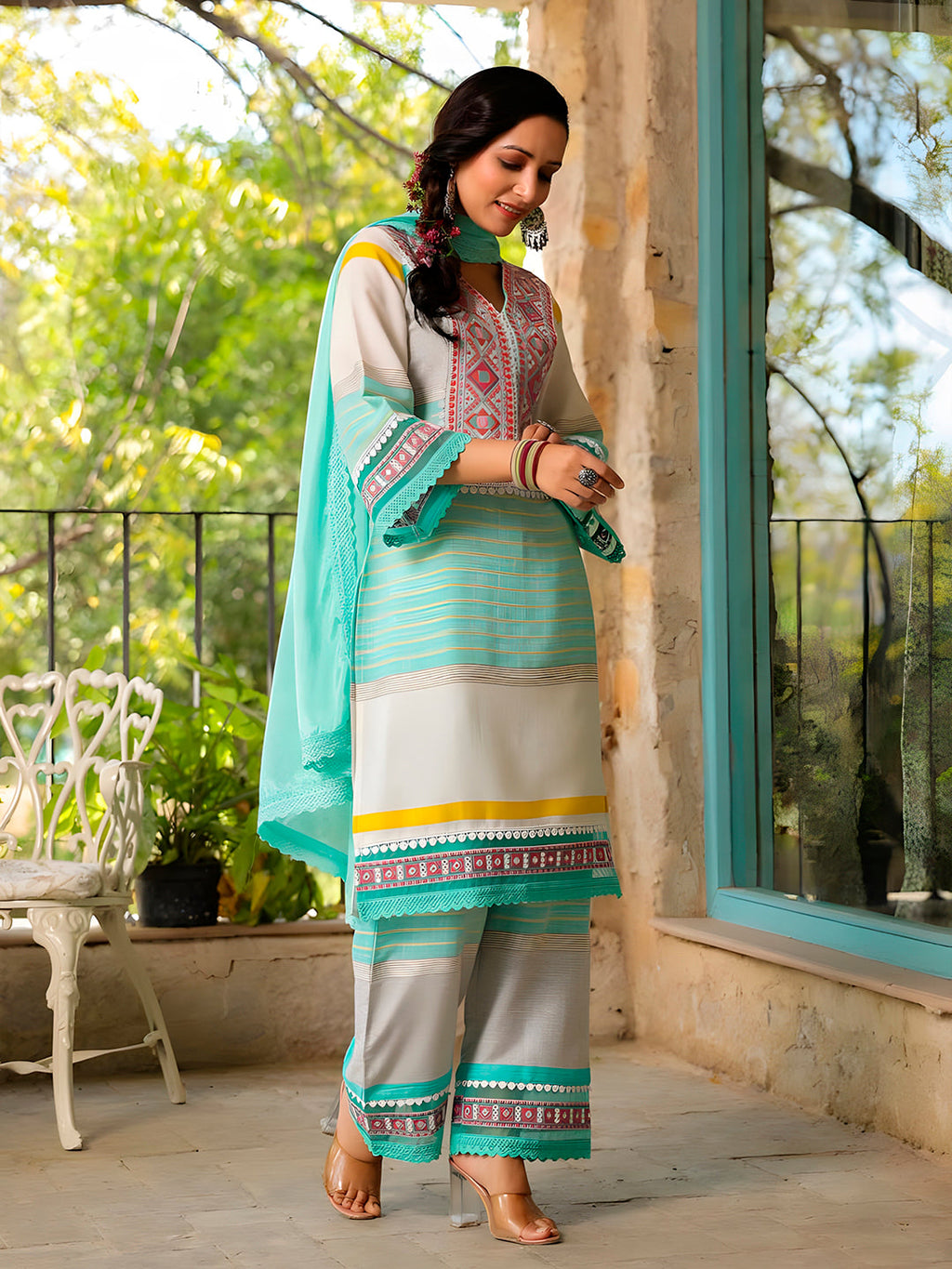 Embroidered & Printed Kurta With Pant & Dupatta Premium, Multicolor - Hiral Fashion | Grocsy