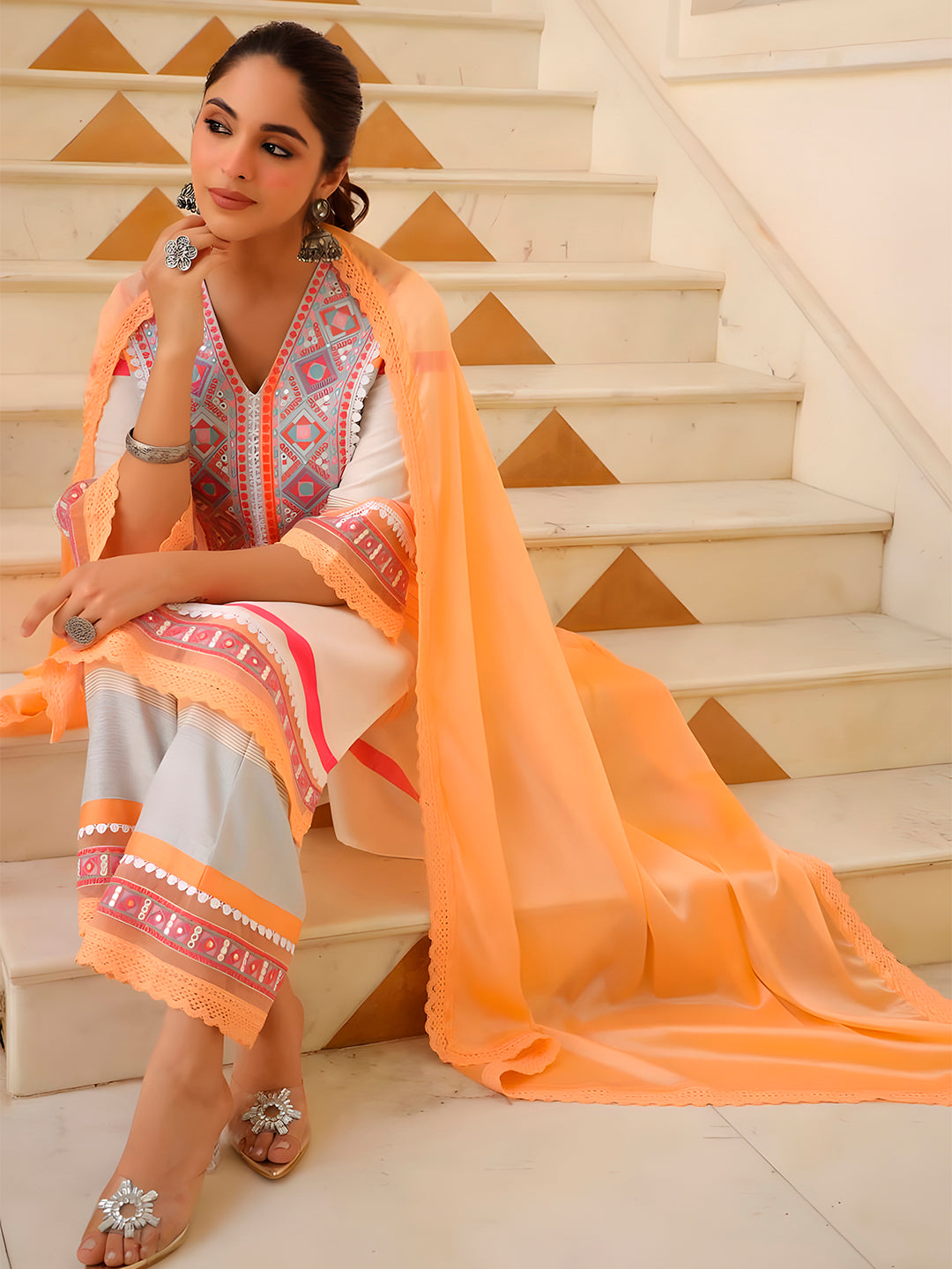 Embroidered & Printed Kurta With Pant & Dupatta Premium, Multicolor - Hiral Fashion | Grocsy