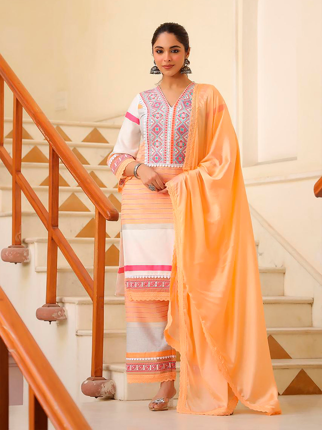 Embroidered & Printed Kurta With Pant & Dupatta Premium, Multicolor - Hiral Fashion | Grocsy