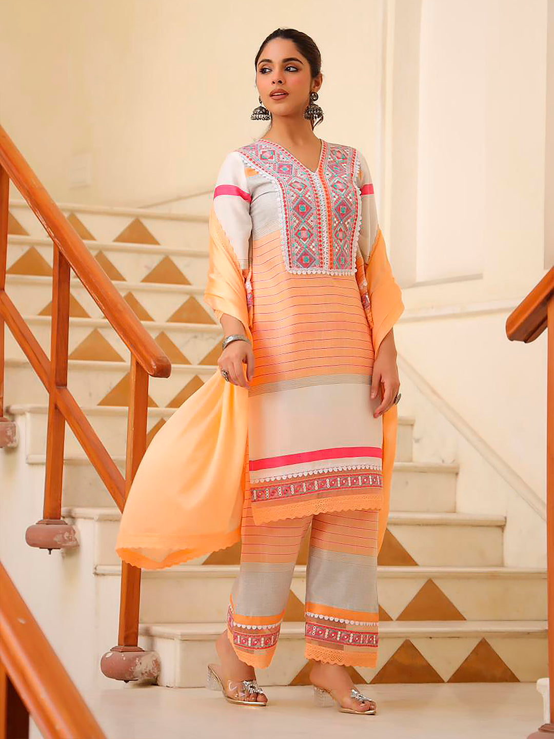 Embroidered & Printed Kurta With Pant & Dupatta Premium, Multicolor - Hiral Fashion | Grocsy