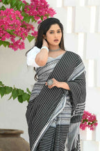 Beatitude Black Cotton Tanchori Handloom Saree | Grocsy