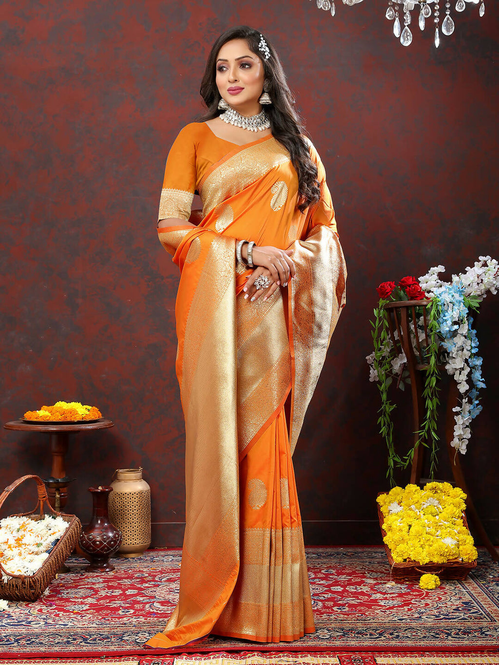 Lorenvalley Fashion Orange Soft Silk Woven Design Gold Zari Weaving Saree | Grocsy
