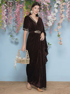 Joban Fashion Brown Hand Embellished Gown With Drape and Belt | Grocsy