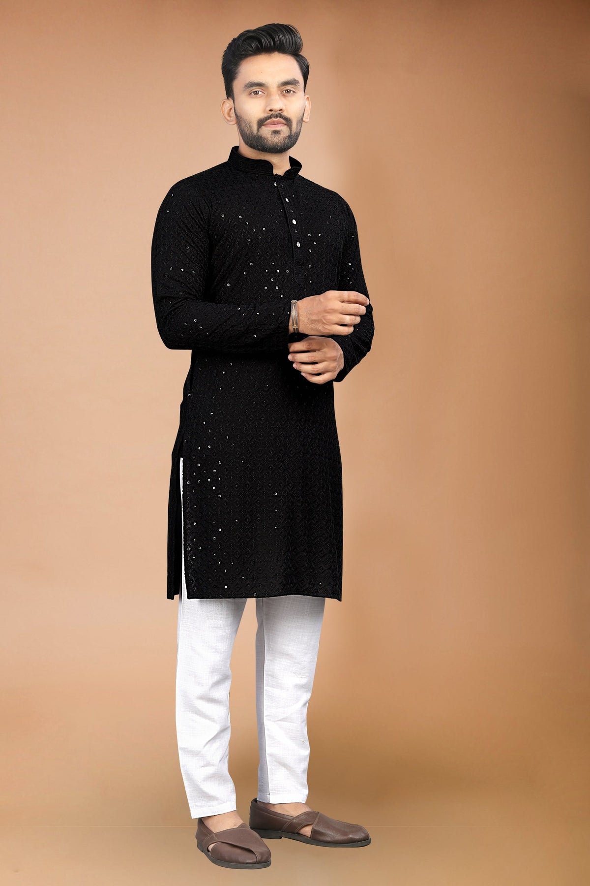 Neera Trendz Black Rayon Schiffli Work Men's Kurta With Pyjama | Grocsy