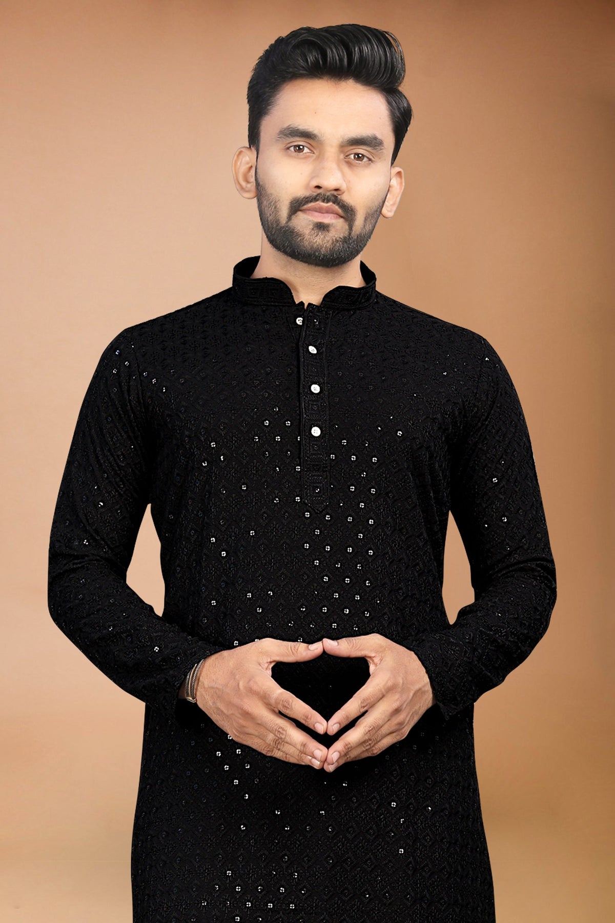 Neera Trendz Black Rayon Schiffli Work Men's Kurta With Pyjama | Grocsy
