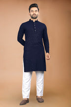 Neera Trendz Navy Blue Rayon Schiffli Work Men's Kurta With Pyjama | Grocsy