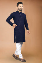 Neera Trendz Navy Blue Rayon Schiffli Work Men's Kurta With Pyjama | Grocsy