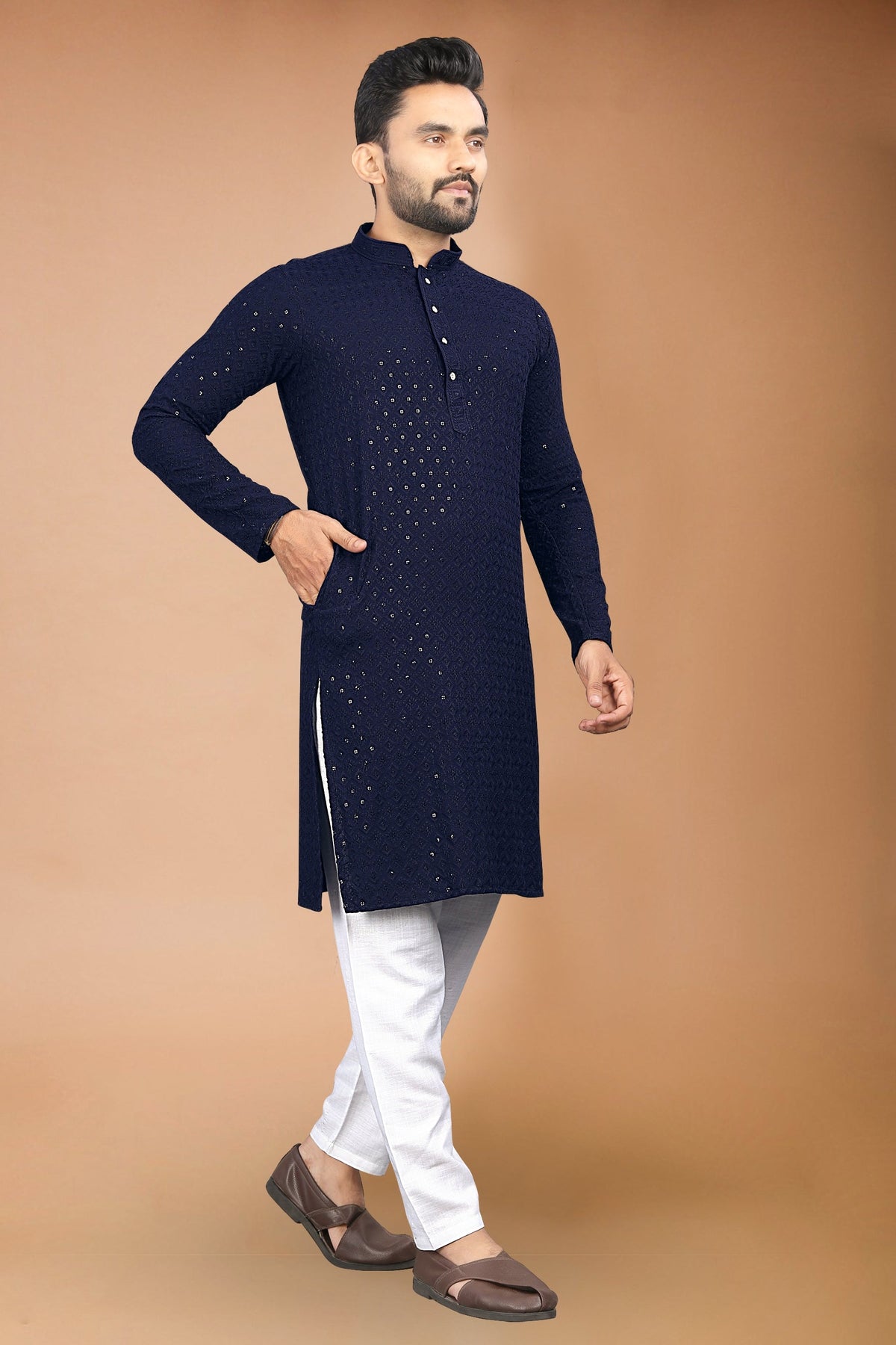 Neera Trendz Navy Blue Rayon Schiffli Work Men's Kurta With Pyjama | Grocsy