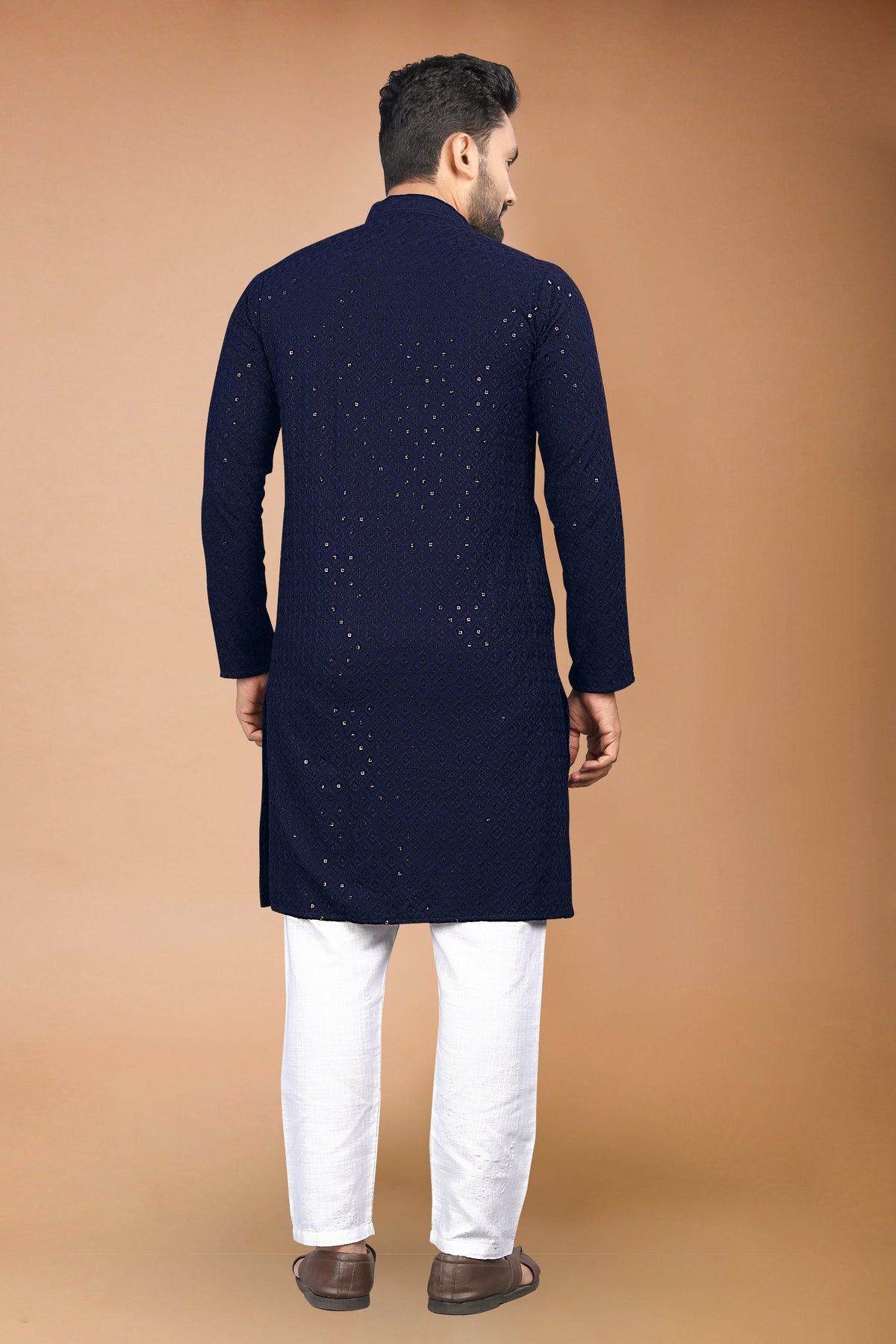Neera Trendz Navy Blue Rayon Schiffli Work Men's Kurta With Pyjama | Grocsy
