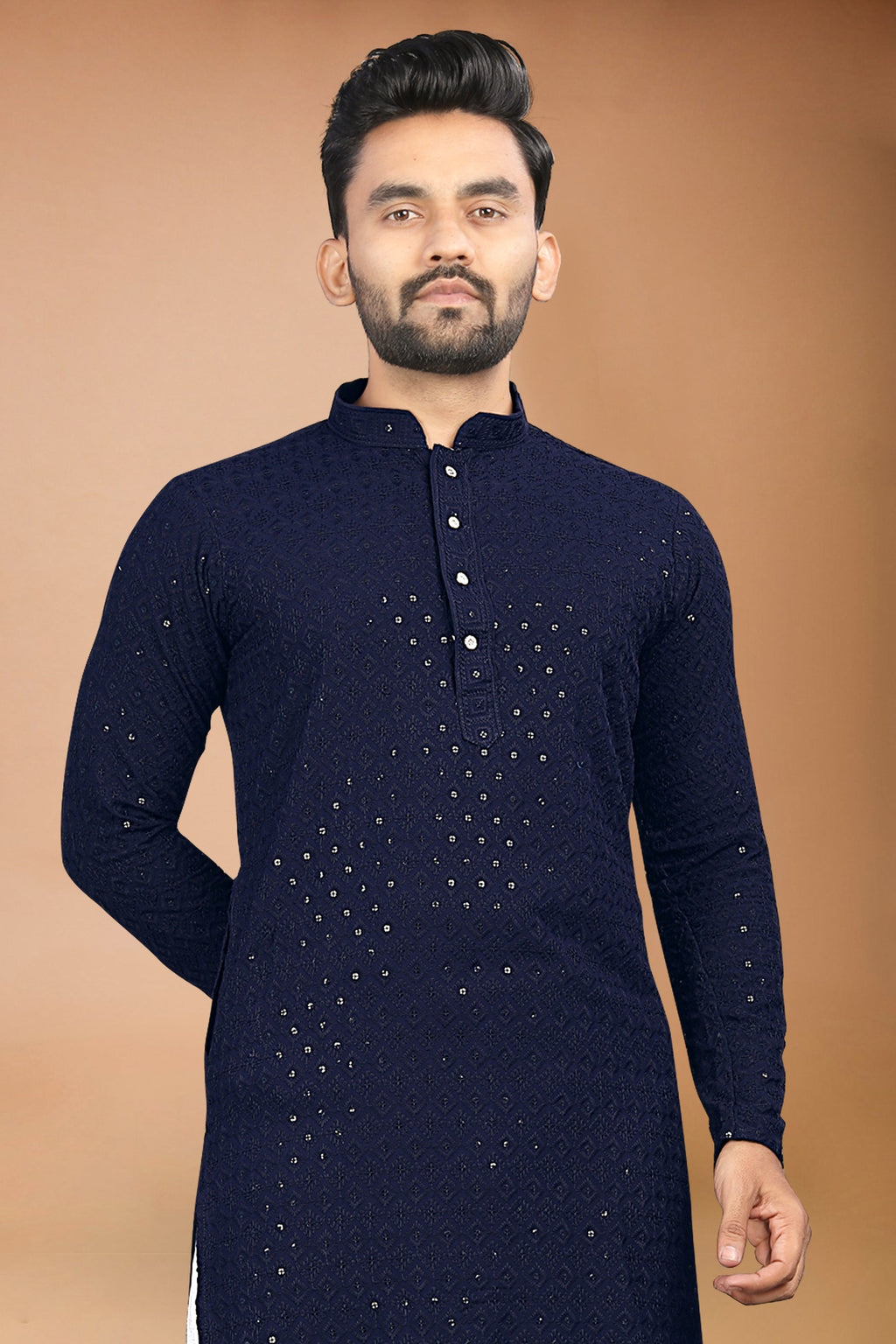 Neera Trendz Navy Blue Rayon Schiffli Work Men's Kurta With Pyjama | Grocsy