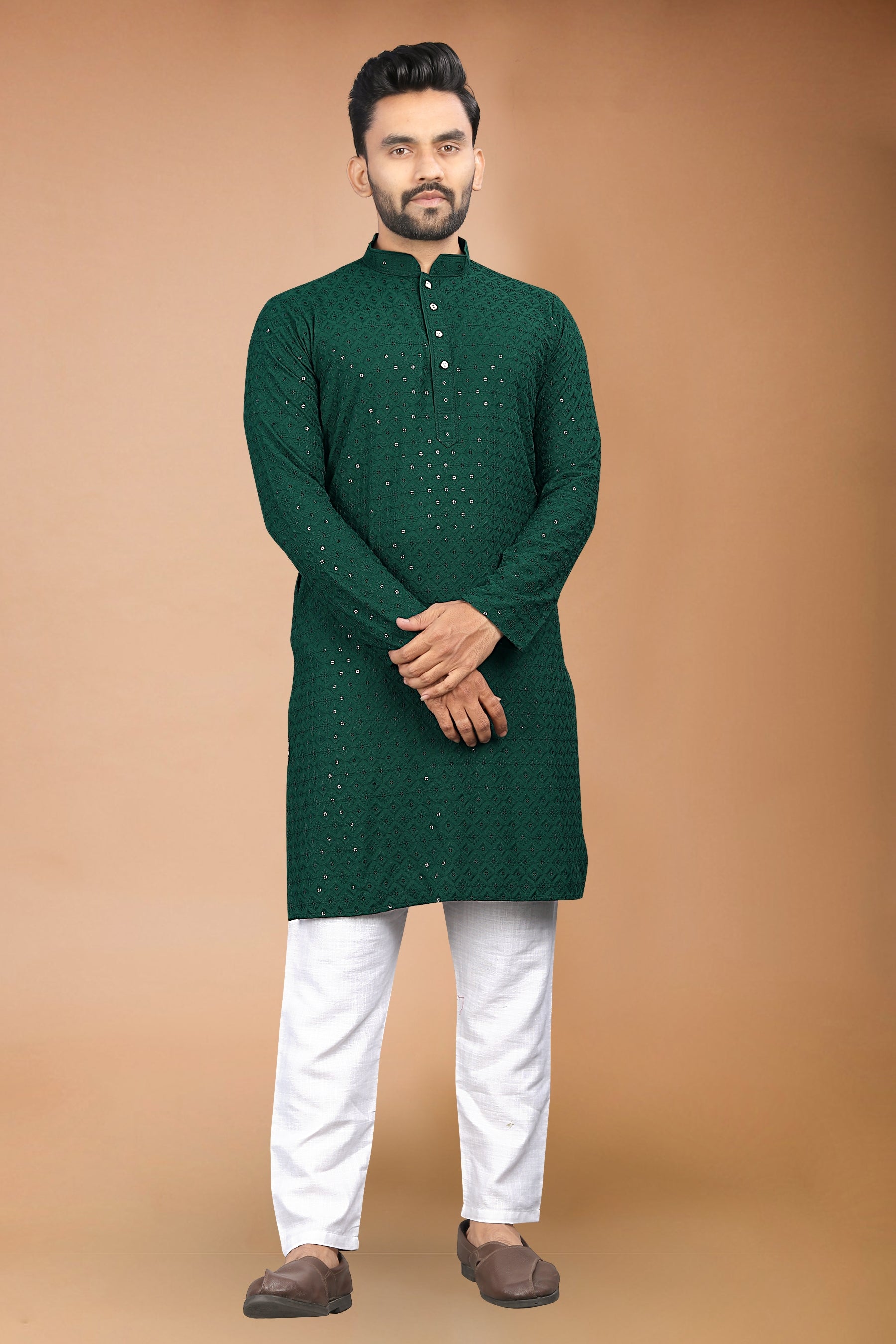 Neera Trendz Green Rayon Schiffli Work Men's Kurta With Pyjama | Grocsy