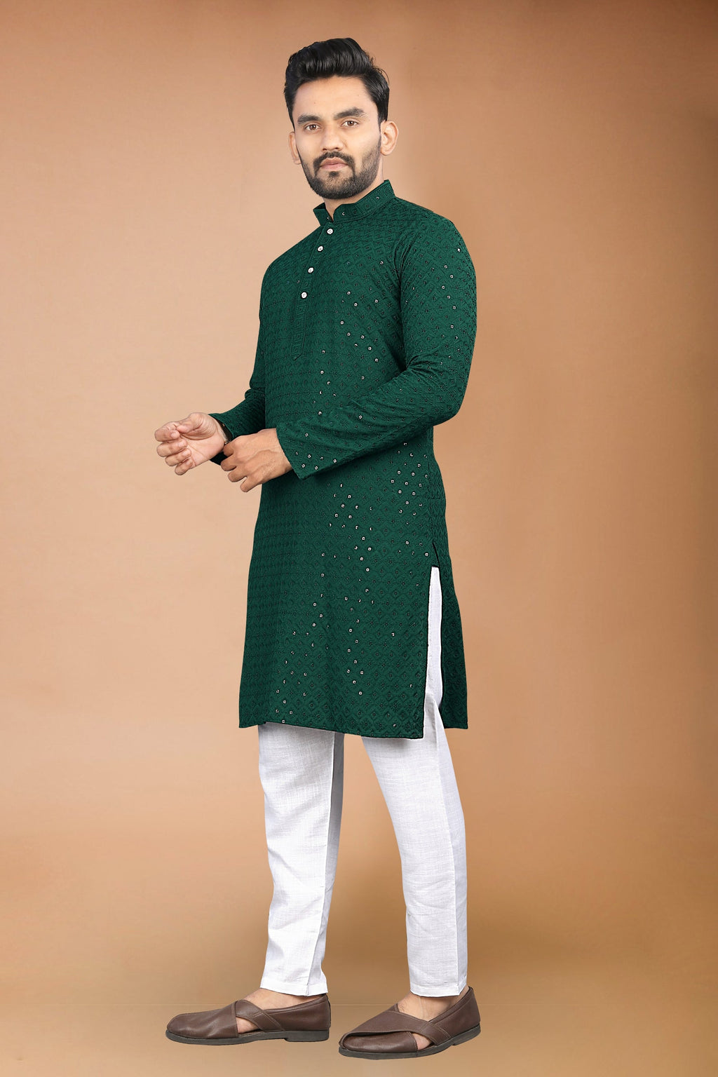 Neera Trendz Green Rayon Schiffli Work Men's Kurta With Pyjama | Grocsy