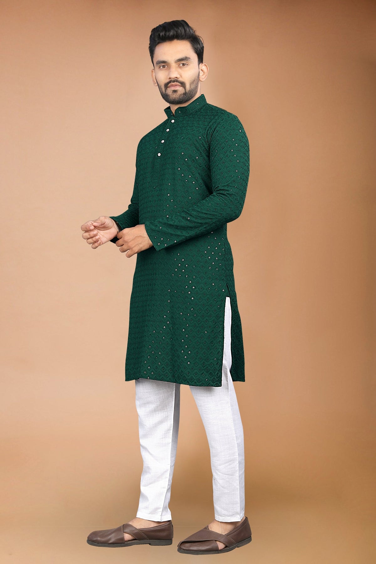 Neera Trendz Green Rayon Schiffli Work Men's Kurta With Pyjama | Grocsy