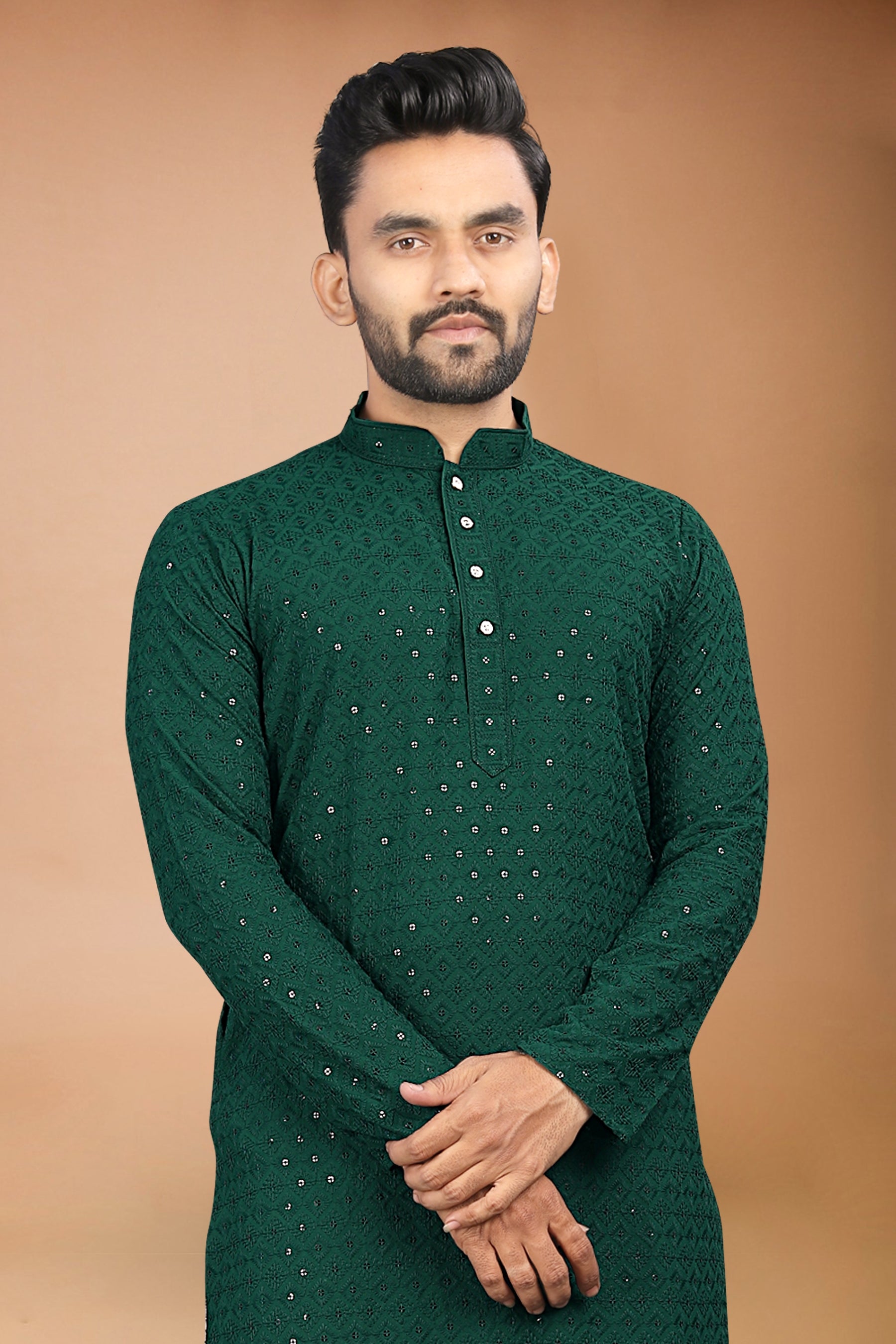 Neera Trendz Green Rayon Schiffli Work Men's Kurta With Pyjama | Grocsy