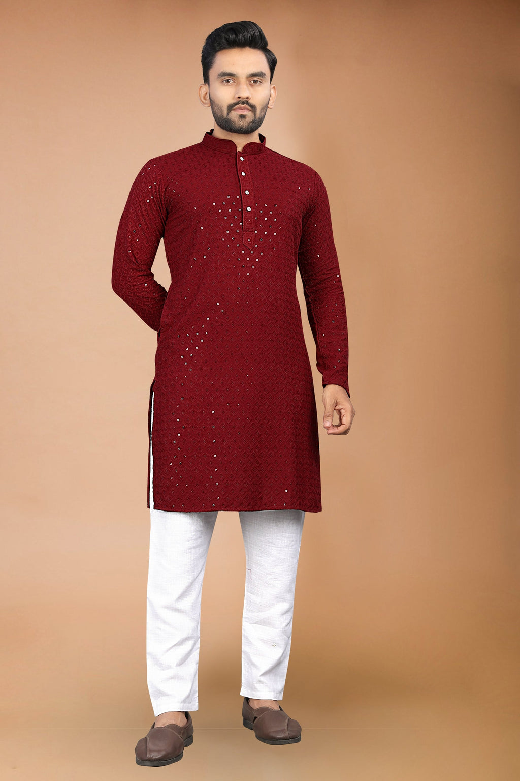 Neera Trendz Maroon Rayon Schiffli Work Men's Kurta With Pyjama | Grocsy