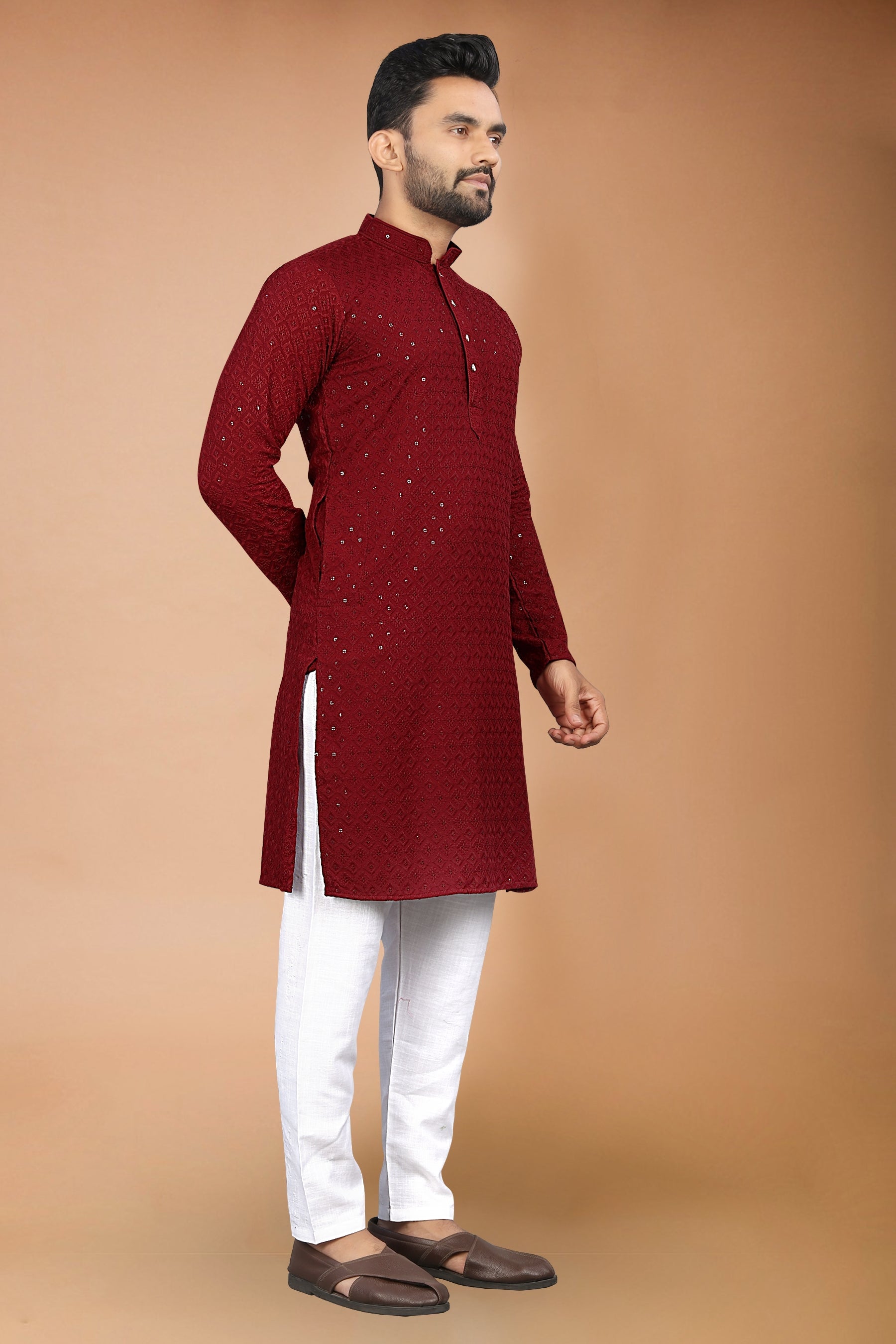 Neera Trendz Maroon Rayon Schiffli Work Men's Kurta With Pyjama | Grocsy