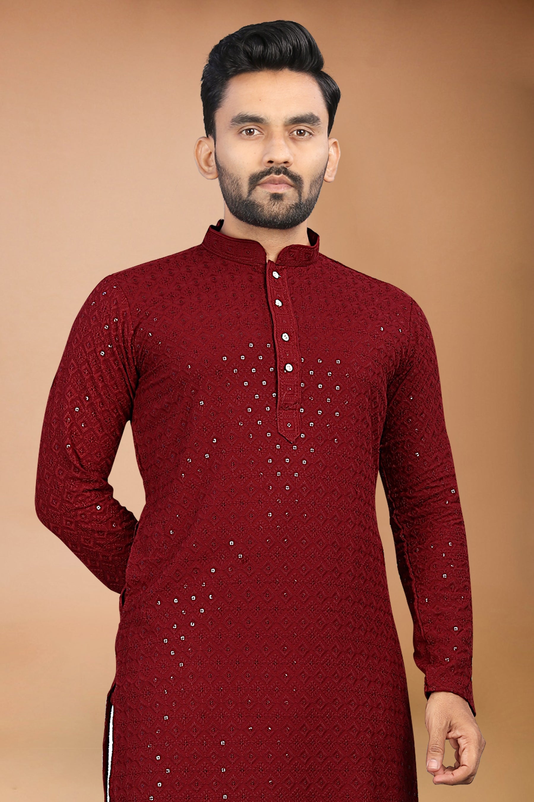Neera Trendz Maroon Rayon Schiffli Work Men's Kurta With Pyjama | Grocsy