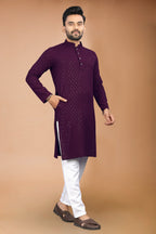 Neera Trendz Wine Rayon Schiffli Work Men's Kurta With Pyjama | Grocsy