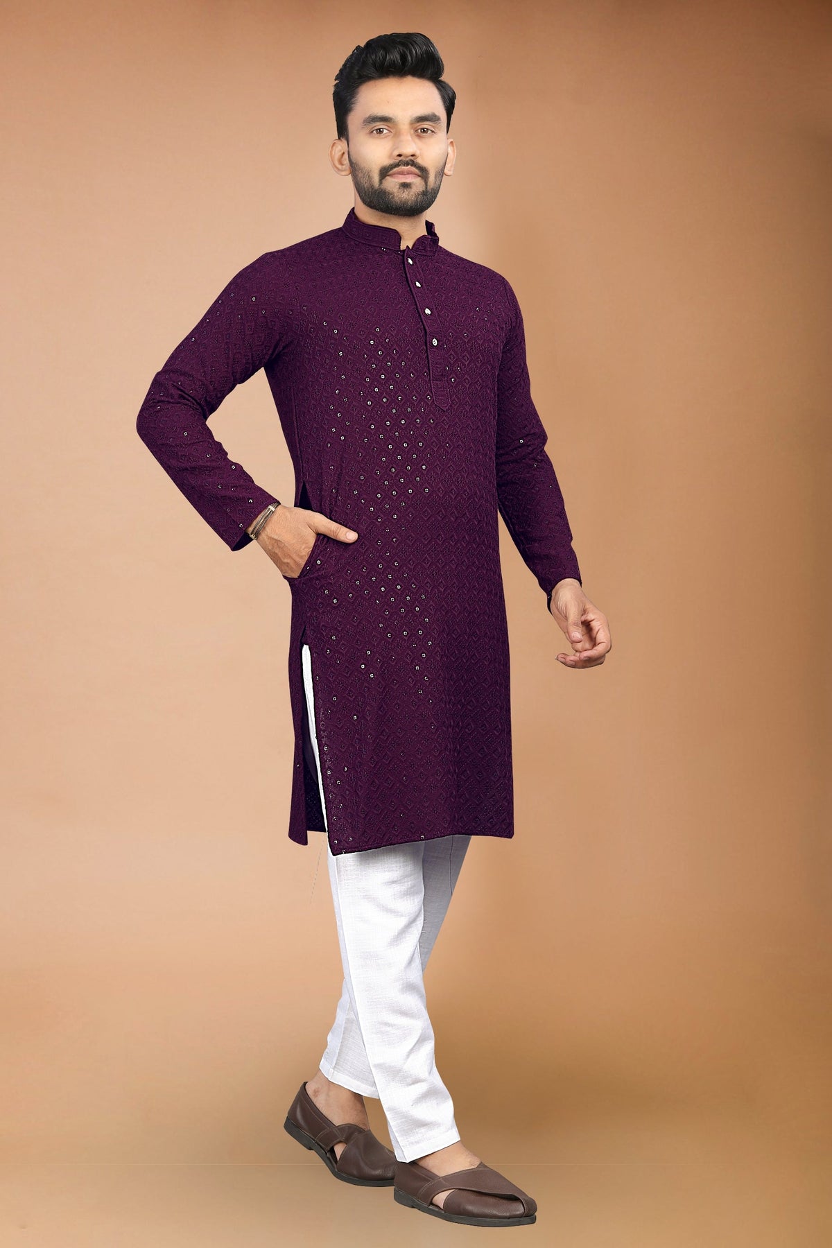 Neera Trendz Wine Rayon Schiffli Work Men's Kurta With Pyjama | Grocsy